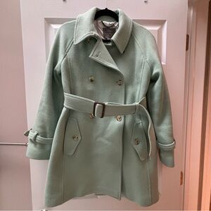 J Crew Sage Green Double Breasted Wool Nylon Blend Belted Trench Coat Size 10